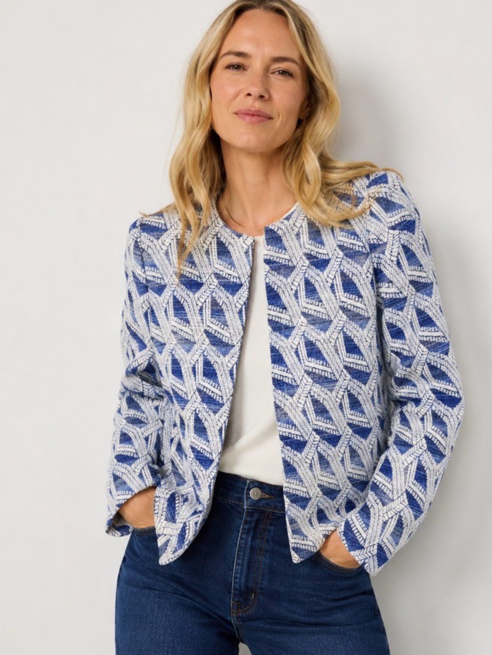 Tahari ASL Goyard Chevron Blazer Womens Jacket 2 blue white